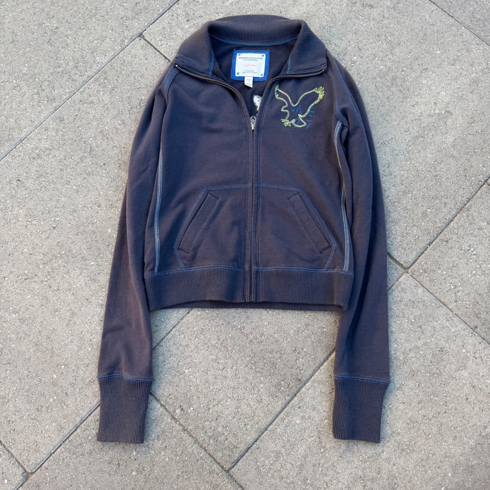 American Eagle Outfitters Y2K Navy Full Zip Track Jacket Eagle Logo Small